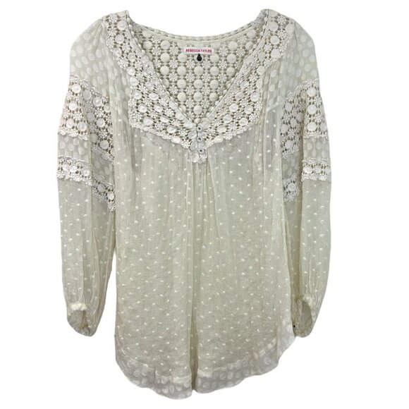Rebecca Taylor - Vintage Lace, Sheer Peasant Blouse, Relaxed Fit - Size 2, White - Picture 12 of 16